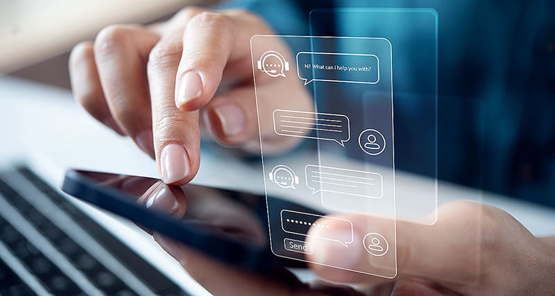 Multi-channel communication illustration showing email, text, phone, chat for business